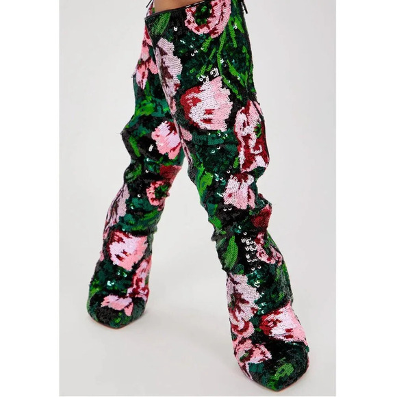 Fashion Nova Floral Colourful Fullly  Sequin Knee High Boots 6 - Picture 6 of 7